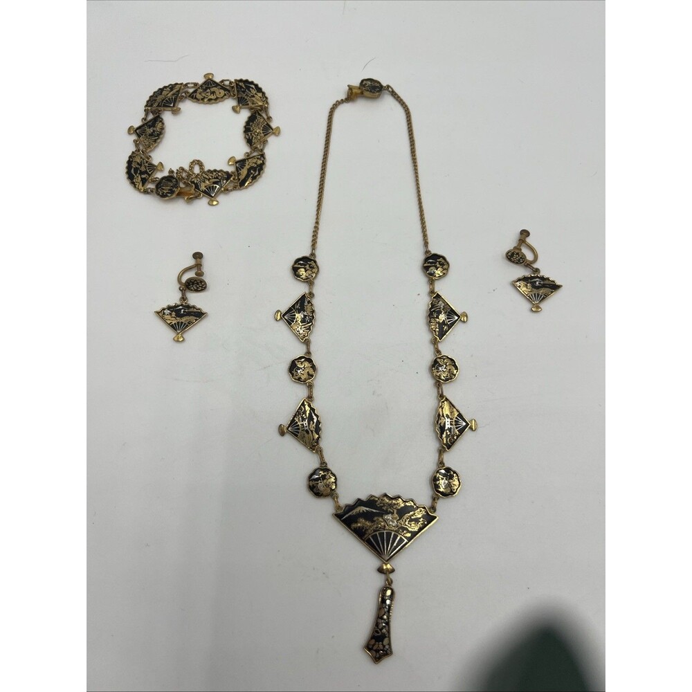 Vintage Amita Damascene Fan Link 3 Piece Set 24k Gold Plated Japan Full Parure